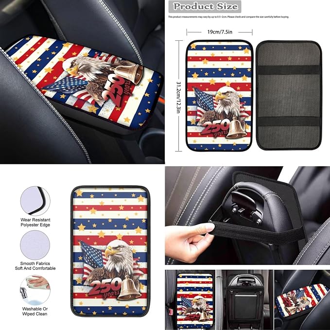 Wanyint 12 PCS Car Seat Cover Set, with Steering Wheel Seatbelt Strap Armrest Pad Handbrake Gear Shift Knob Cover Coasters US 250th Anniversary 4th of July Decor, American Flag Eagle Star Stripe