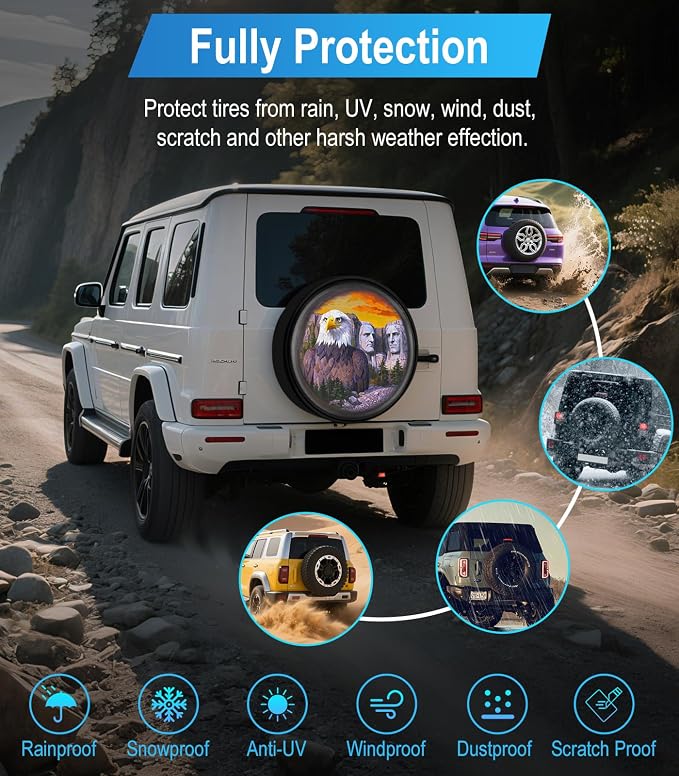 Spare Tire Cover for RV Trailer with American Eagle President Mountain Stone Statue, Waterproof PVC Leather for Truck SUV Wrangler Camper Vehicle Wheel Cover Waterproof Sun Dust Protection 17 inch