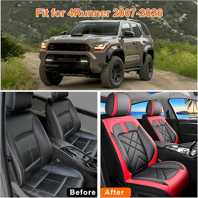 4Runner Car Seat Covers Custom Fit for Toyota 4Runner 2003-2026, Premium Full Coverage Leather Automotive Seat Protectors, Waterproof Breathable, Airbag Compatible (2 Front Seats, Red & Black)