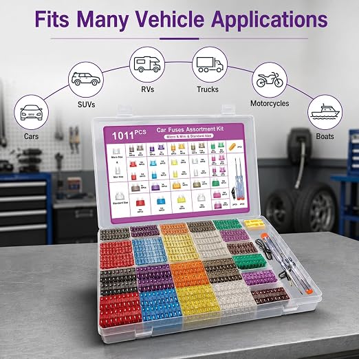 1011-Piece Universal Zinc Flake Car Fuse Set - 410 Standard, 410 Mini & 185 Micro Fuses (2A-40A), with 2 Removal Tools, 2 Testers & 2 Clips - Compatible with Cars, Trucks, RVs, Boats etc.