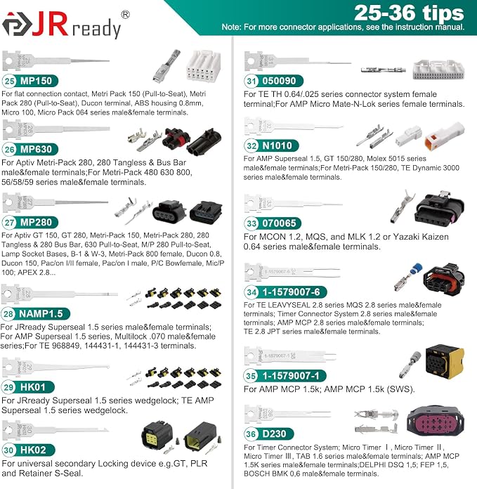 JRready ACTCRH7A03 Pin Removal Tool Kit for TE, Deutsch, AMP, Molex, Delphi, Harting, YAZAKI, BYD, JPT Automotive Heavy Duty Electrical Terminal Connector(1 PC Tool+36PCS Replacement Tips)