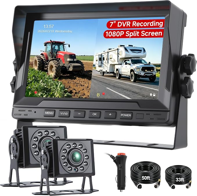 Wired Dual RV Backup Camera System with 7" Split Screen Monitor | 1080P IP69 Waterproof IR Night Vision Camera, DVR Loop Recording & 24H Parking for RV Truck Trailer Tractor Boat Skid Steer