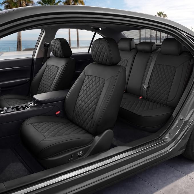 MotorBox Haven Series Napa Leather Seat Covers for Cars, Lux Edition Diamond Stitched Full Set Seat Covers, Premium PU Leatherette Black Car Seat Covers for Cars Trucks SUVs