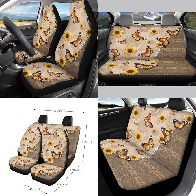 Sunflower Butterfly Print Full Set Car Seat Covers with Accessories for Women, Including Car Front Rear Seat Covers Steering Wheel Cover Safety Belt Pads Garbage Bag etc, Brown