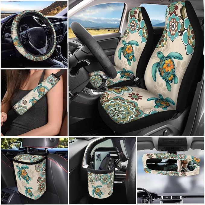 Dreaweet Sea Turtle Seat Covers for Cars Full Set 15 Pcs Universal Boho Steering Wheel Cover Seat Belt Pads Car Coasters Trash Bag Air Vent Storage Pouch Rear View Mirror Cover Keychain