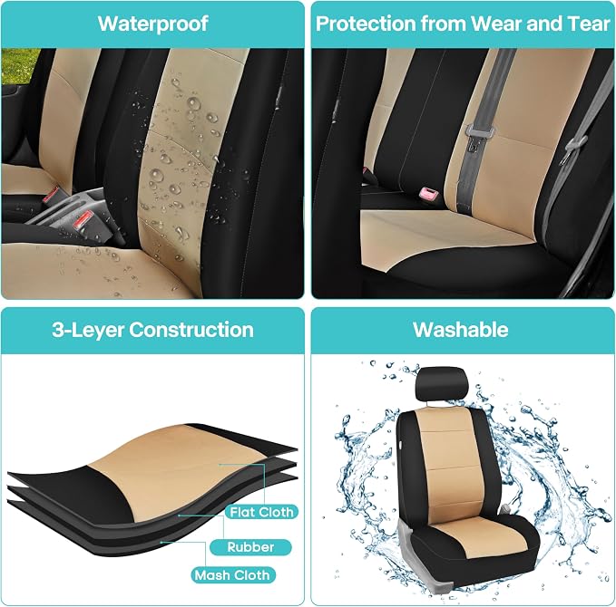 FH Group Waterproof Neoprene Car Seat Covers Full Set – Universal Fit Front & Split Bench Rear Seat Covers, Airbag Compatible Automotive Seat Protectors for Cars, SUVs,Vans, Beige