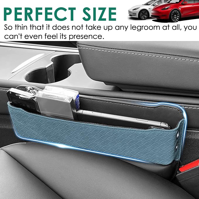 2 Set Car Seat Gap Filler Organizer Compatible for Tesla Model 3 Y X S Accessories Auto Console Side Extra Storage Boxes Seat Crevice Storage Box Leather Upgrade Front Seat Storage - Blue