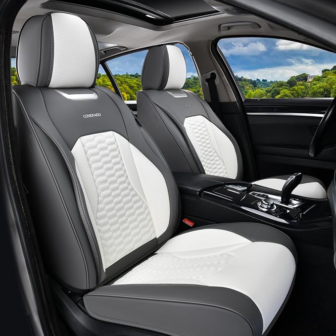 Coverado Seat Covers for Cars, Luxury Leather Seat Covers Full Set, Waterproof Automotive Seat Covers Protector Universal Fit for Most Sedans, SUVs, Pick-up Trucks(Gray&White)