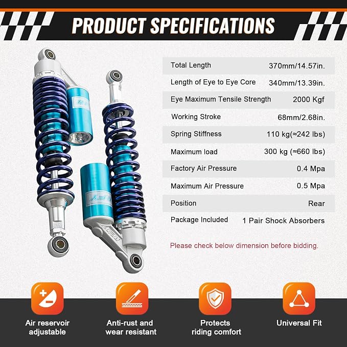 Zhisheng 340mm 13.4in Air Shock Absorber ATV Motorcycle Quad Suspension Shocks for HONDA for Suzuki for Kawasaki for Yamaha ATV Go Kart Quad Dirt Sport Bikes, Blue
