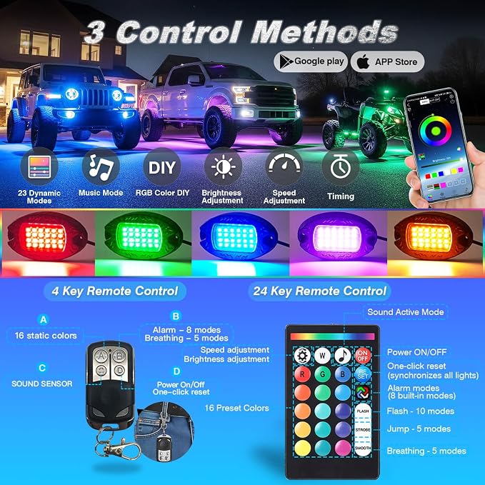 10Pods Aluminum RGB LED Rock Lights Full Kit for Jeep Trucks UTV ATV RZR Golf Cart Offroad SXS Side by Side with APP/RF Remote, Waterproof Multicolor Underglow Light Metal Alloy Case Segmented 12V