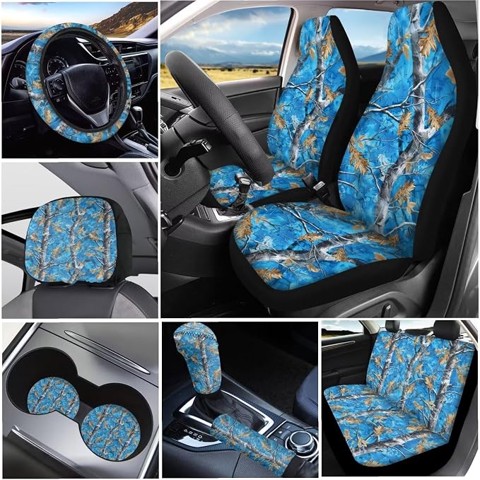 KEIAHUAN Blue Camo Hunting Car Seat Cover Full Set 11 Piece with Steering Wheel Cover/Headrest Cover/Gear Shift Cover/Handbrake Cover/Cup Coasters Universal Fit for Minivan,SUV,Sedan,Truck