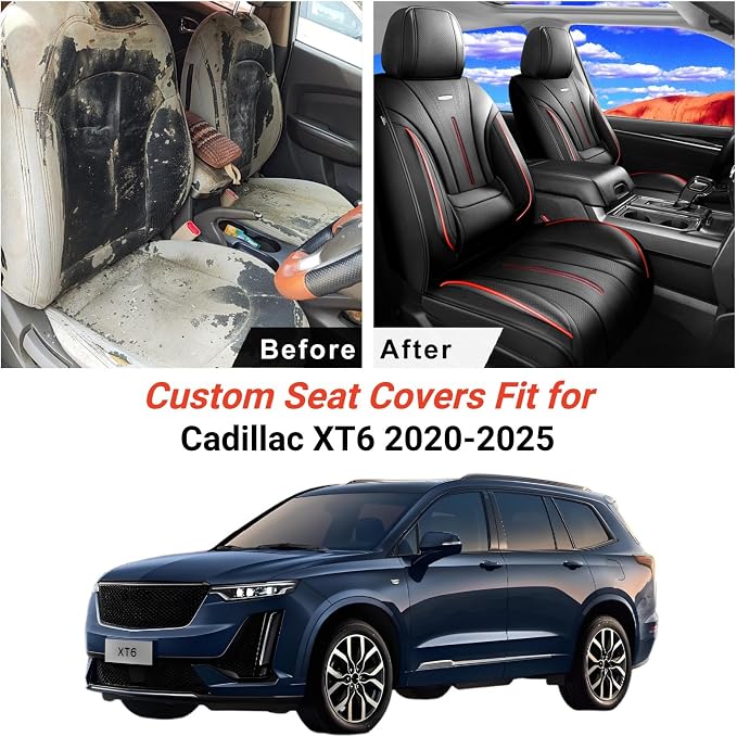 Fit XT6 Car Seat Covers (Front Pair) for Select Cadillac XT6 2020-2025 - Premium Full Coverage Leather, Airbag Compatible & Scratch-Resistant, Waterproof & All Weather Seat Protector, Red Trim