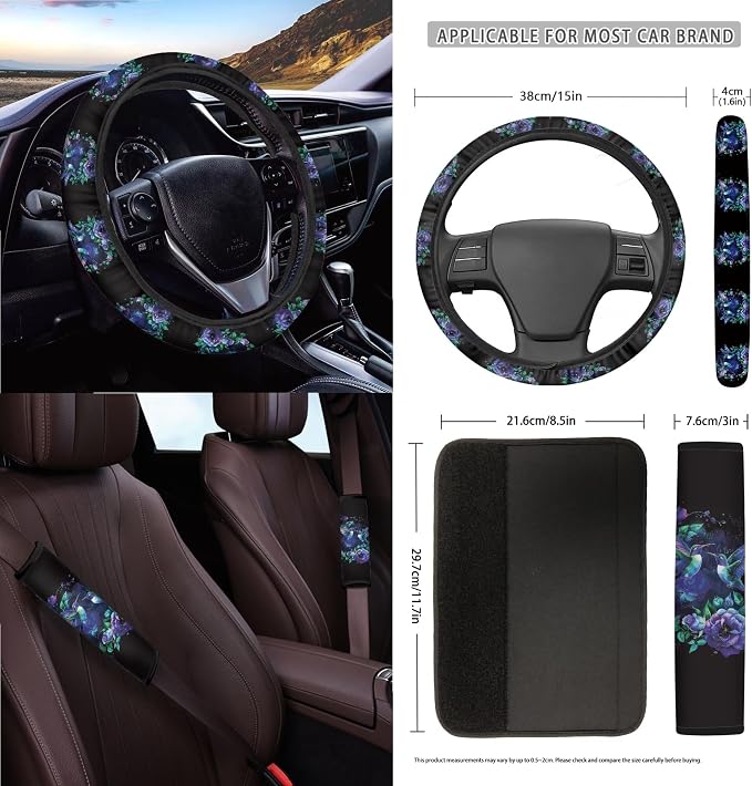 Hummingbird Floral Print Car Seat Cover Set of 15 Steering Wheel Cover Seatbelt Strap Pad Trash Cans Rearview Mirror Covers Air Vent Storage Holder Coasters Keychain Universal Fit