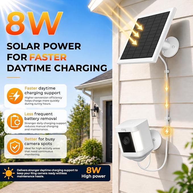 8W Solar Panel for Ring Camera, Solar Panel Charger Compatible with Ring Stick Up Cam/Pro Battery, Spotlight Cam/Pro/Plus Battery, Includes Barrel Plug to USB-C Adapter, IP65 Waterproof, 10ft Cable