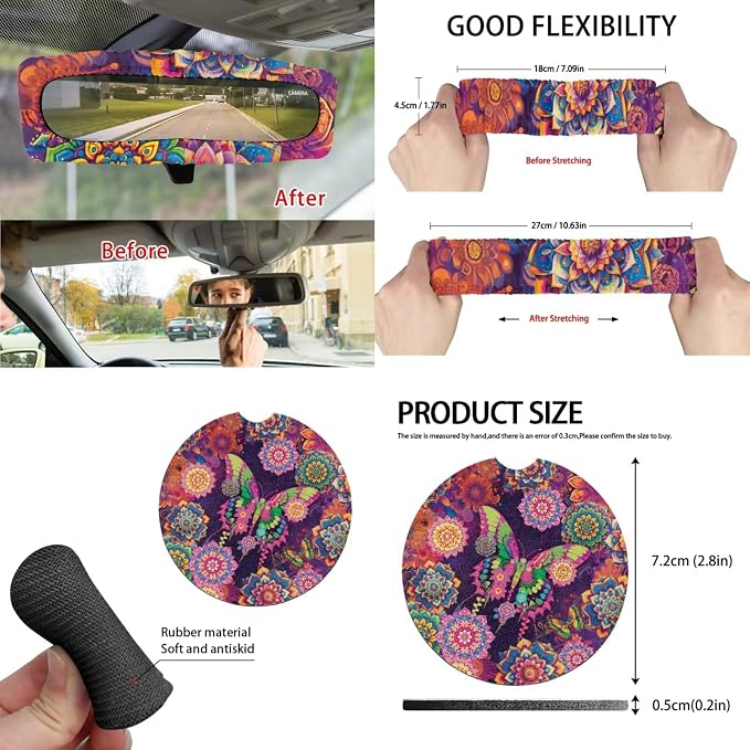 Boho Floral Butterfly Auto Interior Accessories Car Seat Covers with Auto Steering Wheel Cover Seat Belt Covers Car Trash Can View Mirror Cover Coaster Keychains