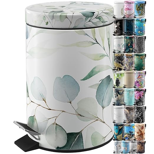 Sanilo Small Bathroom Trash Can with Lid [1.3 Gallon] - Lidded Tiny Trashcan for Garbage - Mini Metal Bin with Soft Closing Mechanism - Bath Room Accessoire Wastebin with Inner Bucket (Eucalyptus)