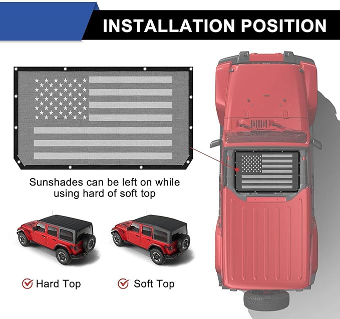 Sunshade for Jeep Wrangler JL JLU Unlimited 2 and 4 Door 2018-2023 Mesh Top Cover Sunroof Screen Bikini Soft Sun Shade with UV Blocker Exterior Accessories American Flag(Black)
