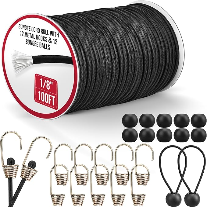 Marine Grade Heavy Duty Bungee Cord Roll with 12 Hooks 12 Bungee Balls- Black Elastic Shock Cord for Kayak Deck, Outdoor Camping, Tarp Tie Downs, Bike Rack, DIY Assorted Bungee Ropes(1/8" x 100ft)