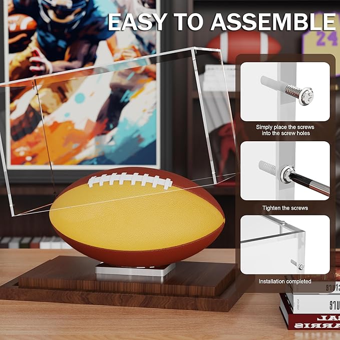 VGMiu Football Display Case with Wood Base, Acrylic Football Case Display Clear Box with Removable Built-in Ball Holder for Autographed Footballs, Sports Collectibles, Memorabilia Displays