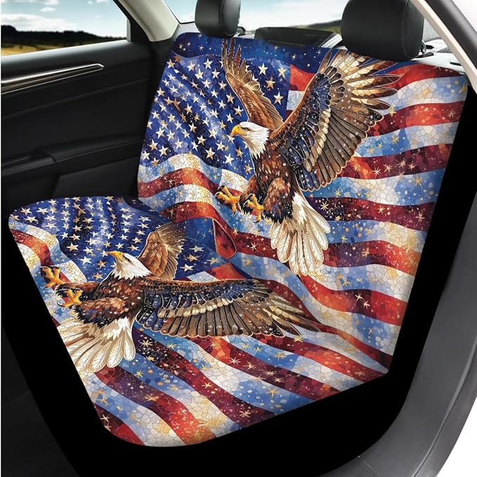 Bulopur American Flag Eagle Car Seat Covers Full Set with Vehicle Armrest Cushion Easy Install Auto Seat Belt Shoulder Strap Covers 15 Inch Steering Wheel Cover Coasters Car Interior Accessories