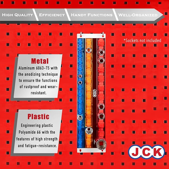 JCK Professional Quality Aluminum Three-Size of Socket Organizer Tray | Holds 42 Sockets | 360 degree rotary positioning studs, moveable secure socket, Socket Rack Kit,1/4 3/8 1/2