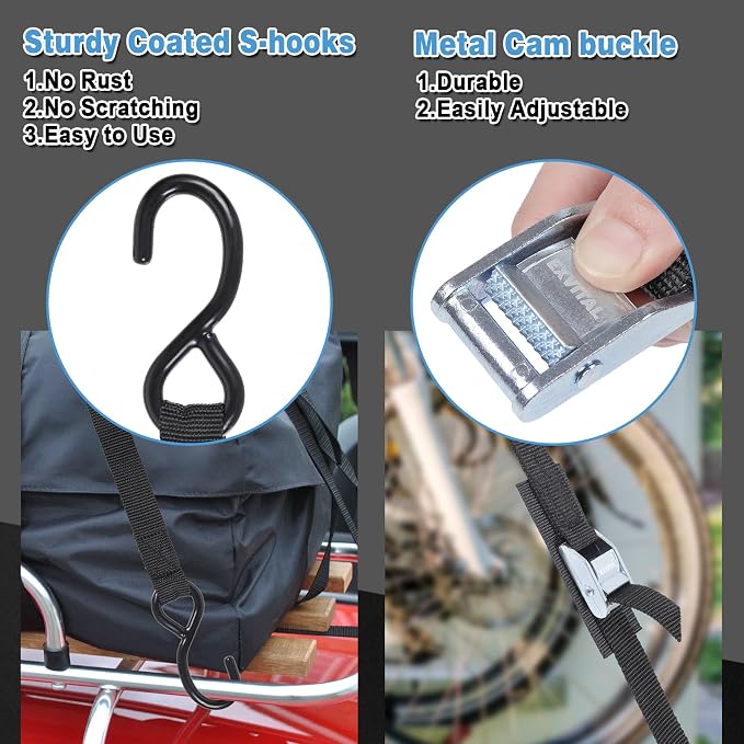 EXVITAL Tie Down Straps with Hook Cam Buckle Straps 1" x 8’ 1200lbs Break Strenght with Extra Soft Loops for Motorcycle, Kayak, ATVs, Dirt Bike, Truck, Car Black 2 Pack