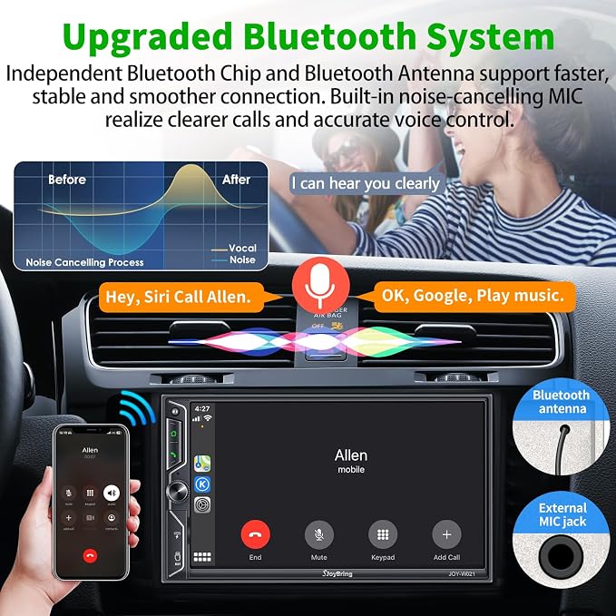SJoyBring [QLED Screen Upgrade] 7" Double Din Car Stereo with Dash Cam, Wireless Apple CarPlay and Android Auto, Bluetooth, 240W 4.2-Channel Audio Output, MirrorLink, Backup Camera, AM/FM Car Radio