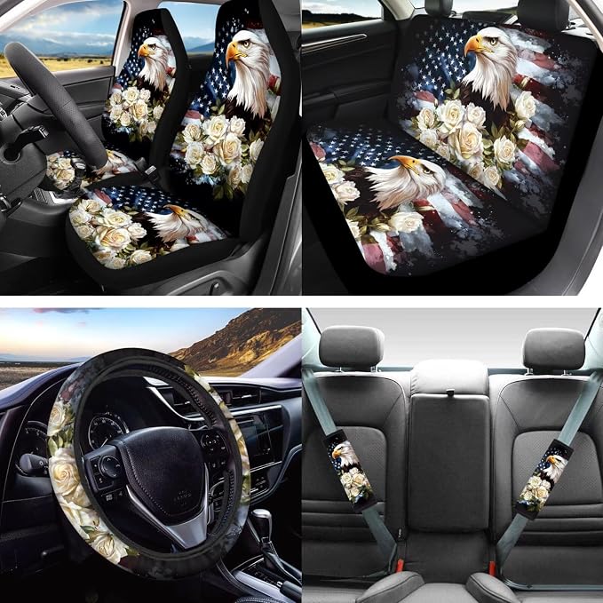 Lotusorchid Eagle Rose Print Car Seat Covers Full Set American Flag Print Front and Rear Seat Cover with Safety Belt Pads Armrest Pad Gear Shift Lever Protector Cup Coaster for Truck Sedan SUV