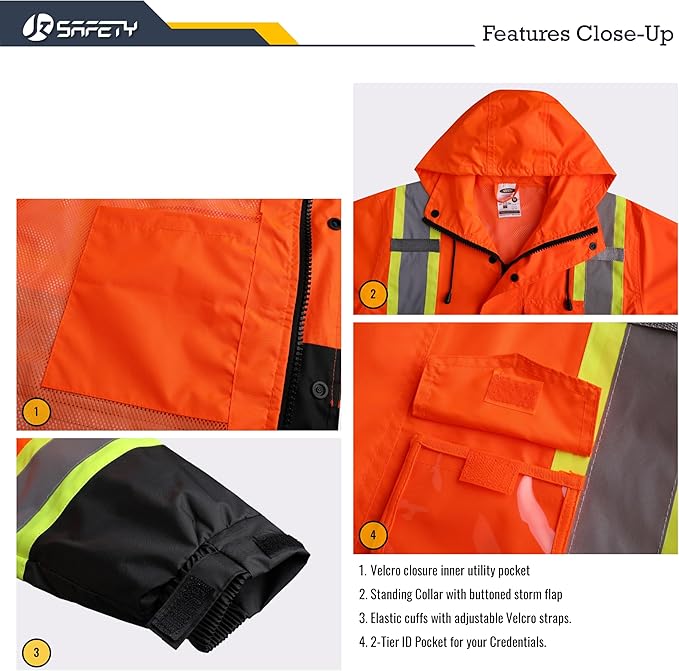 JKSafety Hi-Vis Reflective Safety Rain Jacket and Pants for Men Women Waterproof Rain Gears for Farming Fishing Work HV Rain Suit with Inner Mesh Lining and Pockets (117-Orange L)
