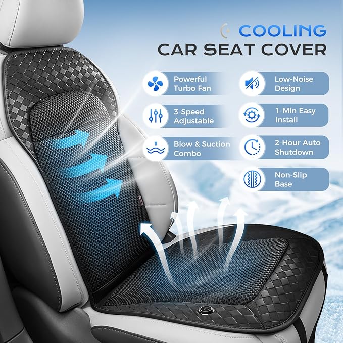 Coverado Upgraded Cooling Car Seat Cover，12V-24V Ventilated pad Built with 8 Turbo Fans, 3-Speed Dual Blowing & Suction for Effective Cooling Universal Black Cushion, Great for Summer Driving