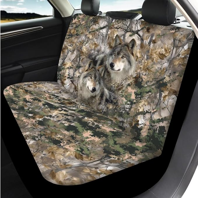 Bulopur Wolf Camo Hunting Vehicle Seat Covers Full Set with Steering Wheel Cover Comfortable Armrest Pad Easy to Install Car Seat Belt Covers 14 PCS Automotive Interior Decor Set
