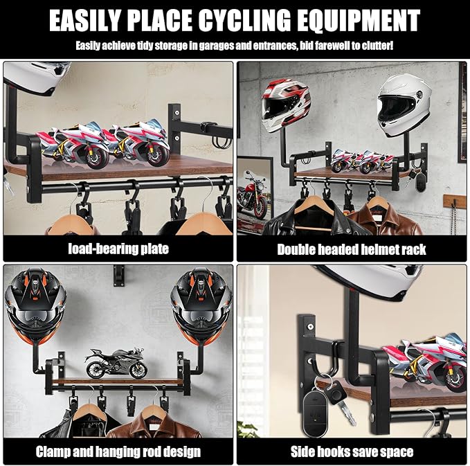 Helmet Wall Mount, Motorcycle Helmet Holder with Shelf, 2 Helmets Stand, 4 Glove Chips and 2 Hooks, Helmet Display Mount for Most of Helmet and Clothes