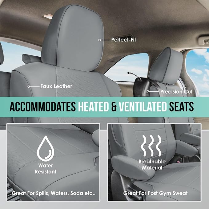 FH Group Custom Fit Car Seat Covers for 2021-2024 Toyota Sienna 7 Seater, Faux Leather Automotive Seat Covers - 2nd Row Solid Gray