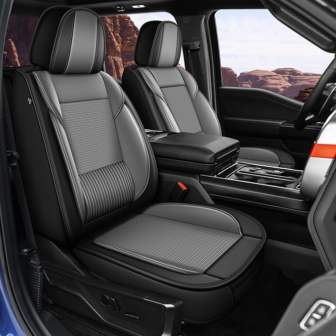 for Ford F150 2009-2026 Seat Covers F250 F350 F450 2017-2026 | Super Duty Truck Faux Leather Ice Silk XL XLT Lariat Platinum SuperCrew STX Extended Cab Trims (5 Seats, Black & Grey)