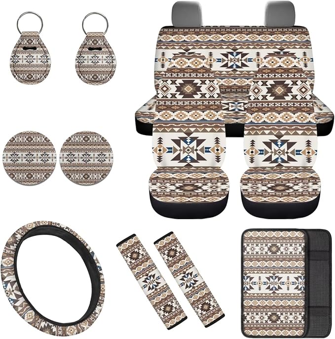Fashion Aztec Car Seat Covers Sets 12 Pieces Center Console Cover Car Steering Wheel Cover Seat Belt Pads Car Interior Accessories Universal Fit for Cars SUV