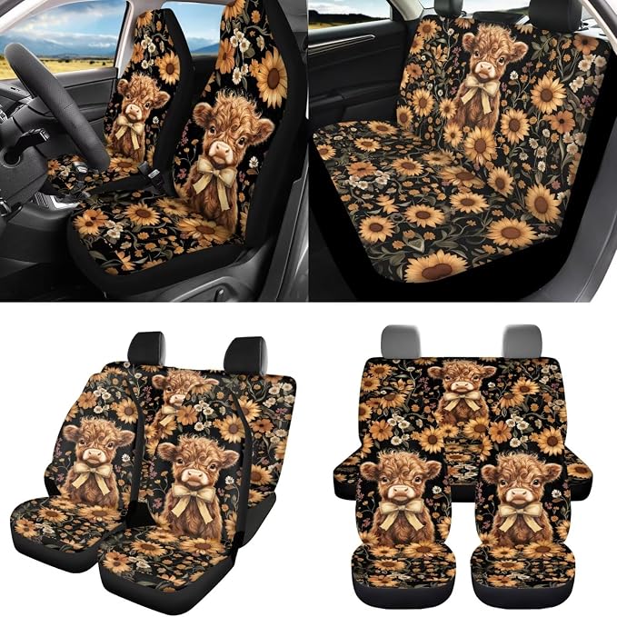8 Pcs Sunflower Highland Cow Car Seat Covers Full Set Car Accessories for Women Front Seat Cover Steering Wheel Armrest Cover Seat Belt Cover for Auto SUV Interior Decoration