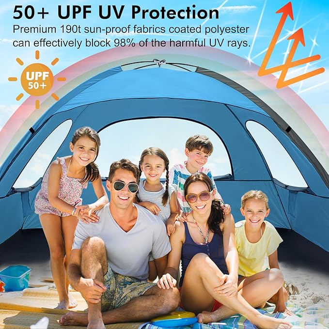 WhiteFang Beach Tent Anti-UV Portable Sun Shade Shelter for 3/4/6/8 Person, Extendable Floor with 3 Ventilating Mesh Windows Plus Carrying Bag, Stakes and Guy Lines
