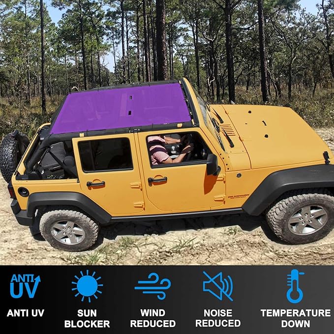 JK Sun Shade Top Compatible with Jeep Wrangler 4 Door 2007 to 2018 Sunshade Sunroof Bikini Cover Blocks UV Wind Noise Purple Mesh for Full Length