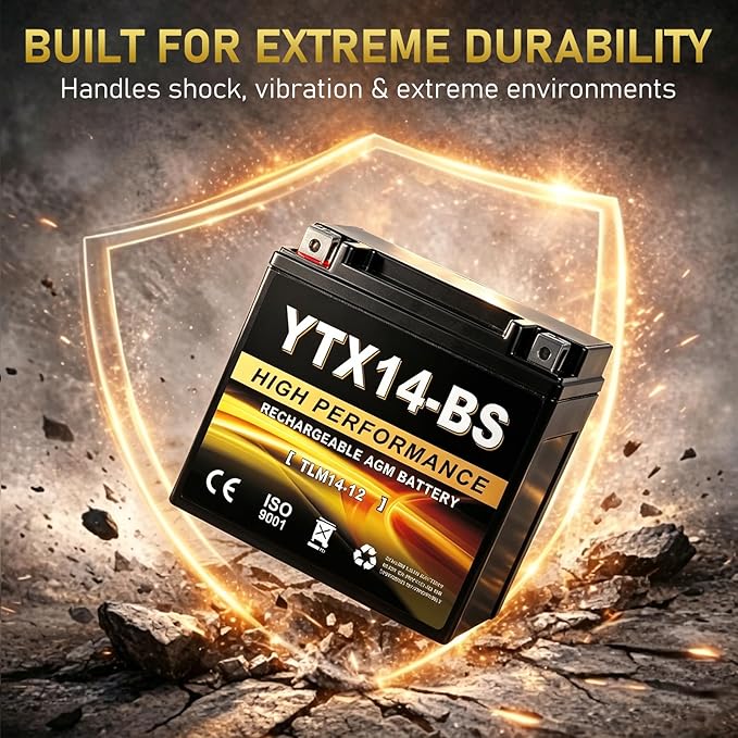 YTX14-BS 12V 14Ah AGM Sealed Motorcycle Battery, Maintenance-Free, Compatible with Honda, Yamaha, Kawasaki, Suzuki, and UTVs, Jet Skis, Snowmobiles