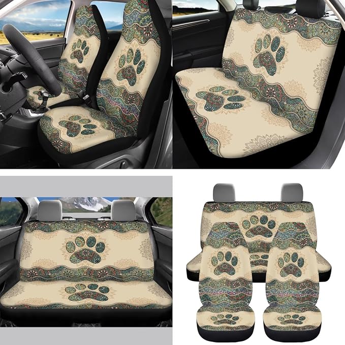 Boho Dog Paw Car Seat Covers Set of 15 with Universal Steering Wheel Cover, Rearview Mirror Cover, Car Trash Can, Seatbelt Pads, Cup Holder Coasters, Keychains