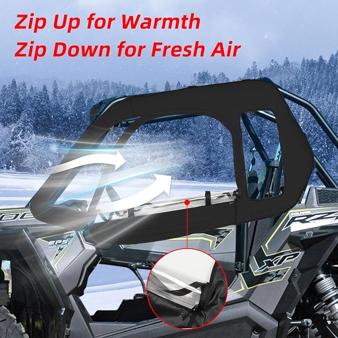 RZR Soft Upper Door YKK Zipper Compatible with Polaris RZR XP 1000 / XP Turbo 2014-2023 2-Seater Models, UTV Cab Enclosures Side Windows, Work with Side Mirror Windshield Roof