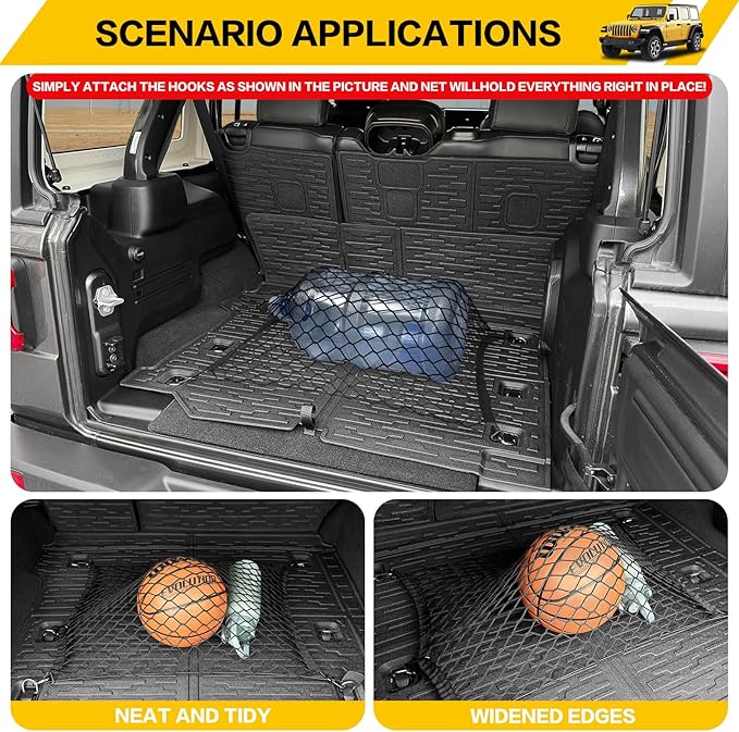 Cargo Mats & Trunk Net for 2018-2024 Jeep Wrangler JL Unlimited 4X4 Trunk Mat Backrest Liner with Cargo Net All Weather Rear Back Seat Mat Cargo Net for Wrangler JL 4 Door Accessories Only