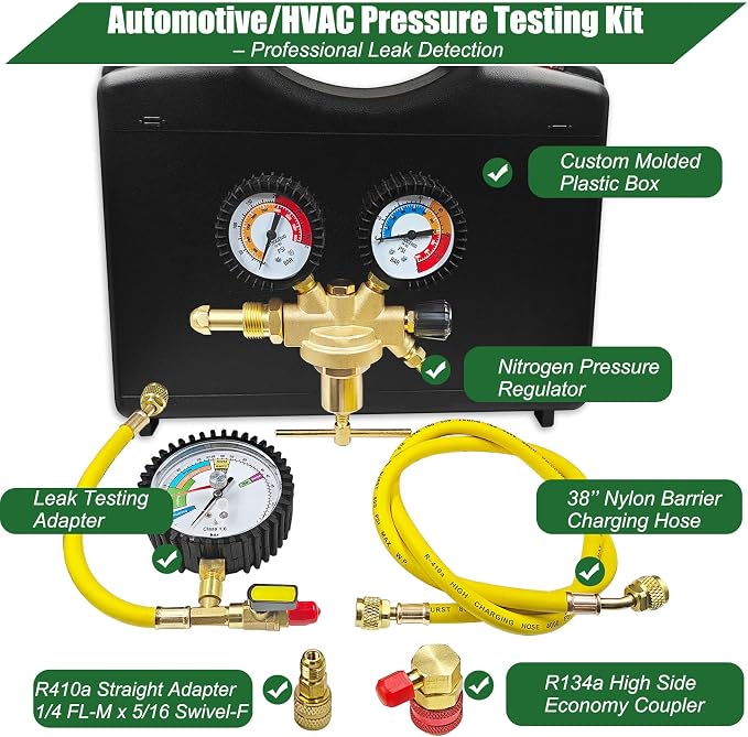 53010 Automotive/HVAC Pressure Tester Kit, Pressure Testing Tools, Includes 53001 Nitrogen Pressure Regulator, Leak Testing Adapter 53042, Charging Hose, R134a Adapter, R410A Adapter