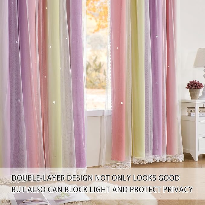 XiDi Curtains for Girls Bedroom Decor Kids Blackout Curtains for Nursery Room Darkening Rainbow Princess Unicorn Wall Decals Little Girl Pink Yellow Purple Grommet Top 34x45 Inches Long 2 Panels Set