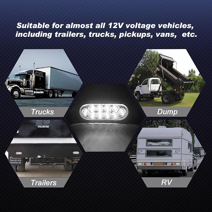 6" Oval LED Trailer Lights, Red & White 6 Pack, 12V | 6-inch oval, 4 red + 2 white, IP65 waterproof, 3-wire plug-and-play, stop/turn/tail, high brightness