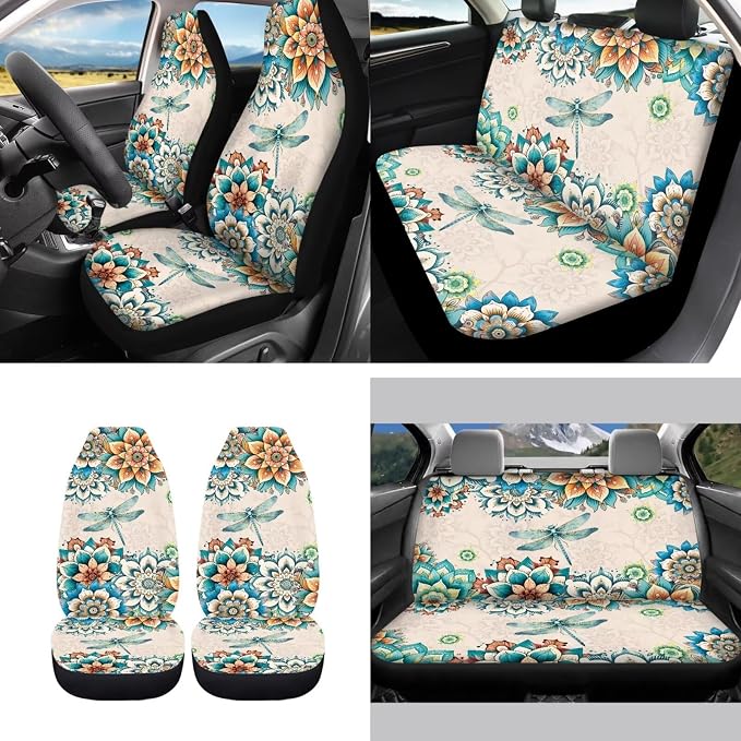 Bohemian Flower Dragonfly Car Seat Covers for Women Men，11pcs Dragonfly Auto Seat Covers for Front Back+ Steering Wheel Cover+Keychain+Cup Coaster+Lipstick Holder Keychain for Most Cars