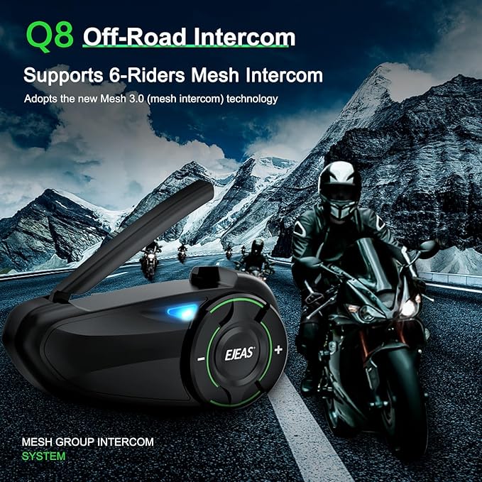 EJEAS Q8 Motorcycle Helmet Bluetooth Intercom, New Mesh 3.0 Group Intercom System with Music Sharing and Channel Switching for 6 Riders Talking at The Same Time (2 Pack)