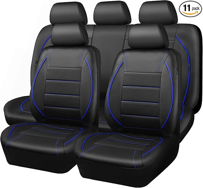 CAR PASS Universal FIT Piping Leather Car Seat Cover, for suvs,Van,Trucks,Airbag Compatible,Inside Zipper Design and Reserved Opening Holes (Full Set, Black and Blue)