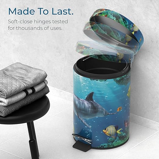 Sanilo Small Bathroom Trash Can with Lid [1.3 Gallon] - Lidded Tiny Trashcan for Garbage - Mini Metal Bin with Soft Closing Mechanism - Bath Room Accessoire Wastebin with Inner Bucket (Dolphin)