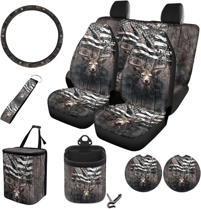 Deer Wood American Flag Pattern 10 Pcs Auto Accessories, Car Front and Rear Seat Covers Full Set Steering Wheel Cover Air Vent Pounch Box Car Rubbish Bin Cup Coasters Keychain for Women Men